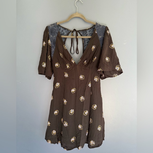 Free People Brown and Cream Ruffled Tie Front Sundress - Picture 1 of 5